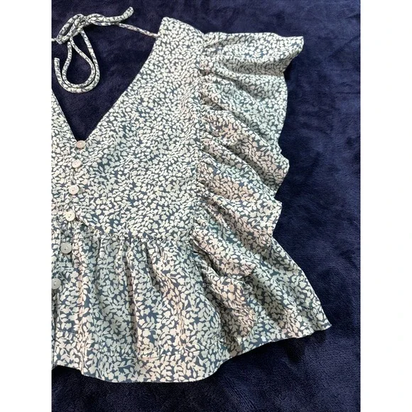 Vestique Top Blouse Size S Double Ruffle  Sleeves White Blue Floral - Picture 4 of 15
